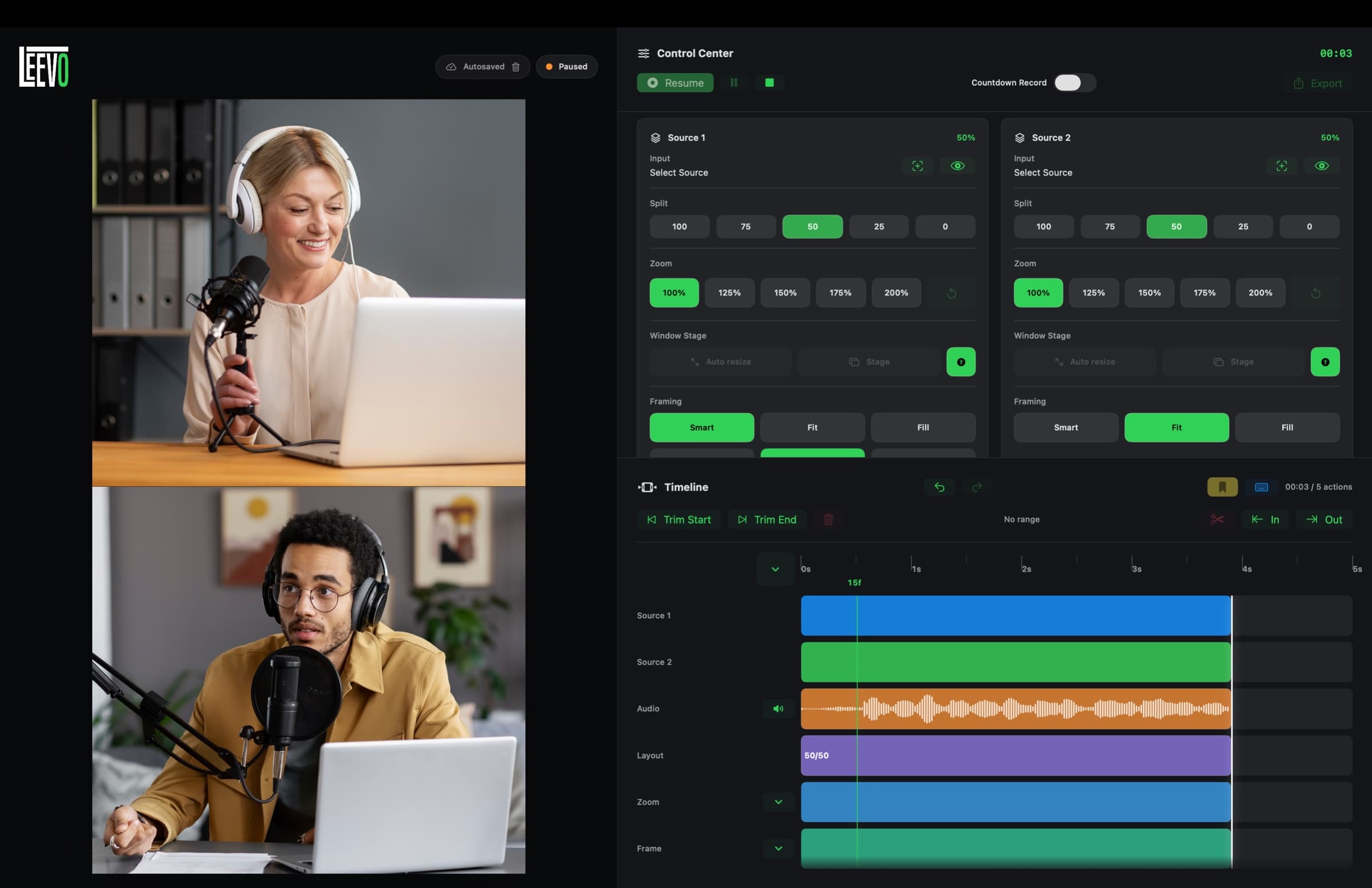 Leevo interface composing a vertical interview while recording, with live layout controls and an editing timeline.